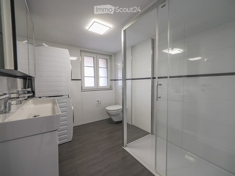Modern bathroom with a white sink, toilet, glass-enclosed shower, and a radiator. The room features white tiles with black accents and a dark wooden floor.