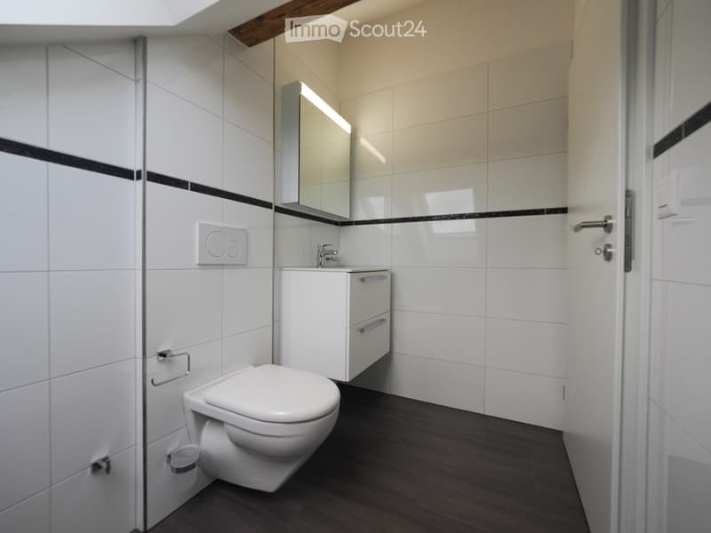 Modern bathroom with white tiles, dark wooden floor, toilet, sink, and mirrored cabinet.