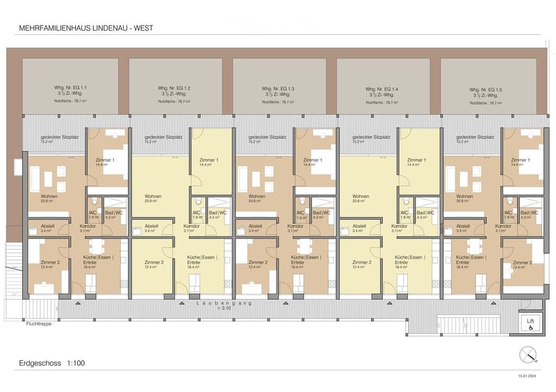 Floor plan showing multiple apartments with living rooms, bedrooms, kitchens, and bathrooms.
