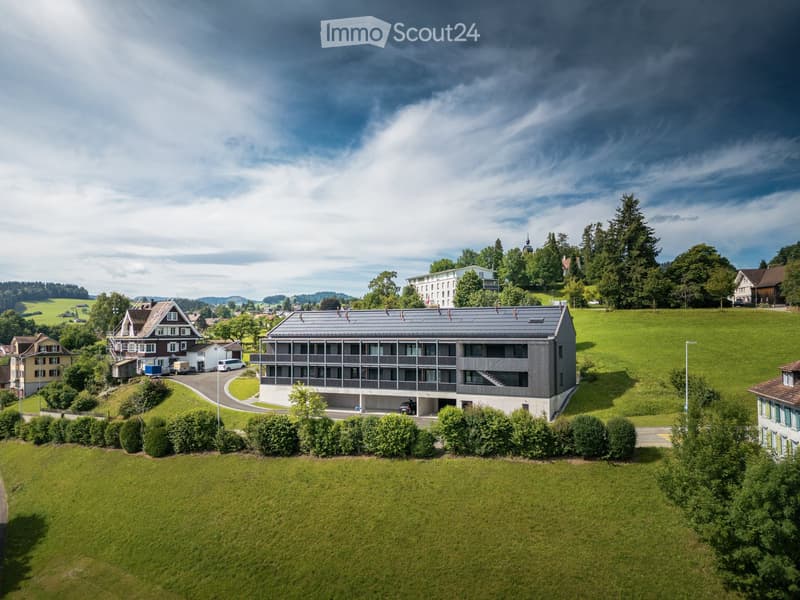 Modern house with solar panels, 3 floors, gray exterior, windows, garage, rural setting