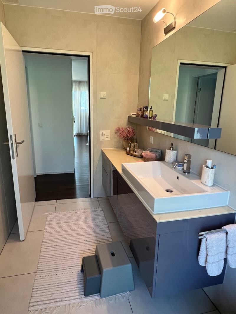 Modern bathroom with a white sink, large mirror, dark grey cabinet, and two grey stools. A small rug is placed on the floor, and a vase with pink flowers sits on the counter.