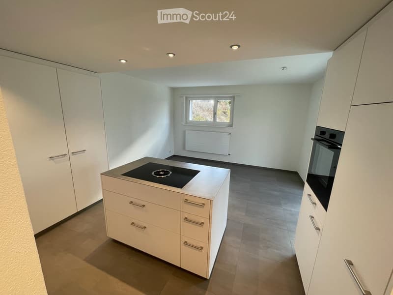 Modern kitchen with white cabinets, a central island with an induction cooktop, and built-in oven. The space features a large window and recessed lighting.