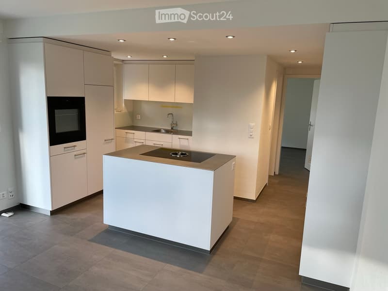 Modern kitchen with white cabinetry, stainless steel appliances, island with induction cooktop, and a sink with a modern faucet.