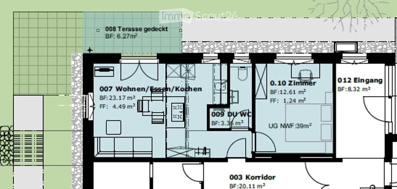 Floor plan of a residential unit showing a living/dining/kitchen area, two bedrooms, a bathroom, a hallway, and a balcony.