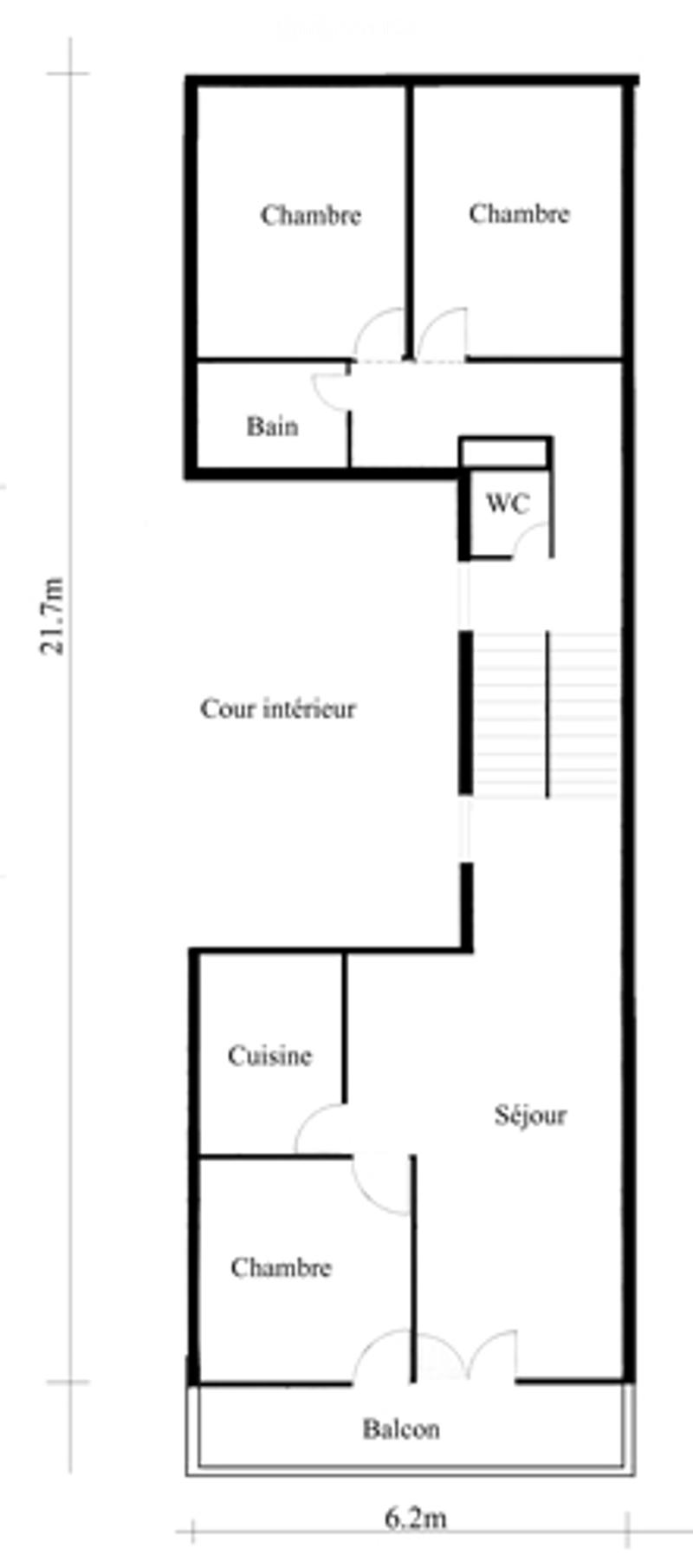 Floor plan of a 3-room apartment with a living room, kitchen, three bedrooms, bathroom, and balcony.