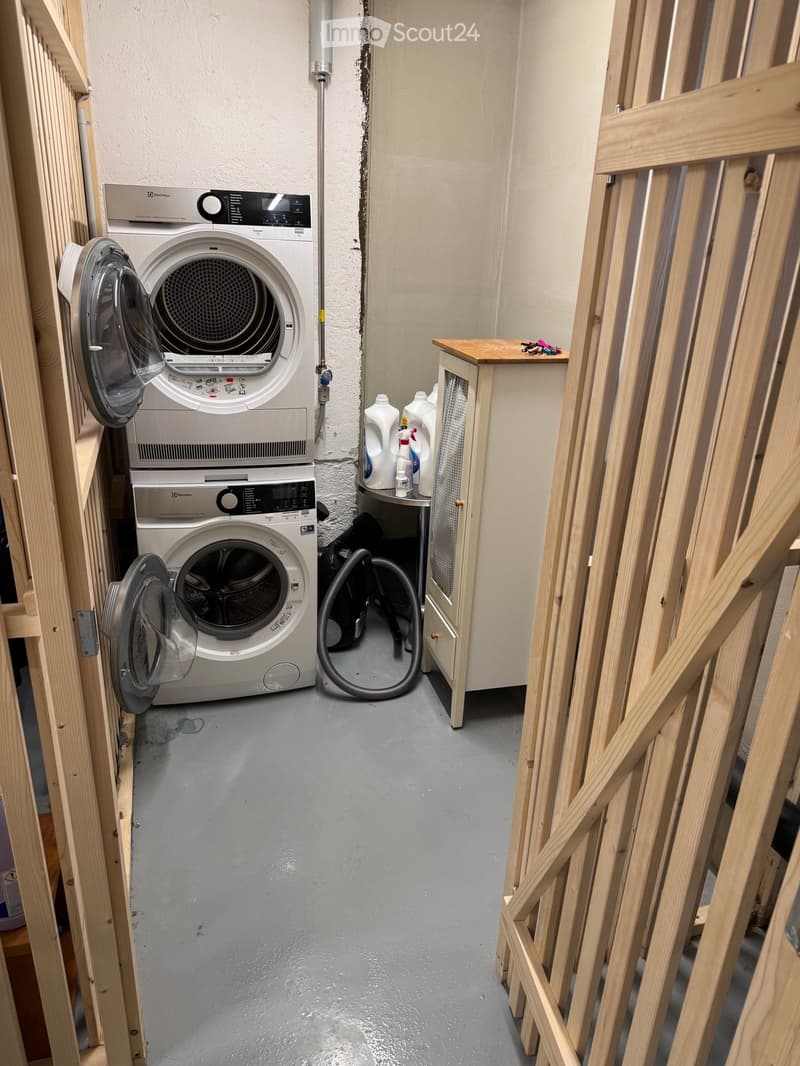 Bathroom with a washing machine and dryer stacked vertically, a small wooden cabinet with cleaning supplies, and exposed wooden framing on the walls.