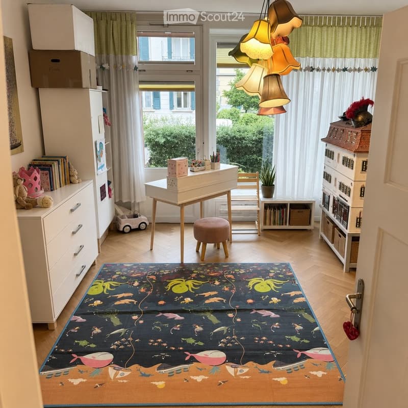 Brightly lit room with wooden flooring, large windows, colorful rug with sea creatures, desk, chair, bookshelf, and various toys.