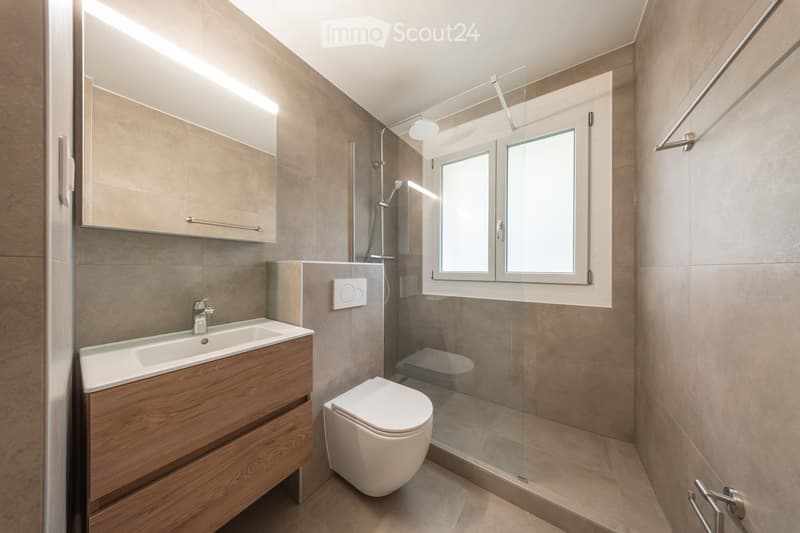 Modern bathroom with a wooden vanity, white sink, toilet, glass-enclosed shower, and built-in cabinets.