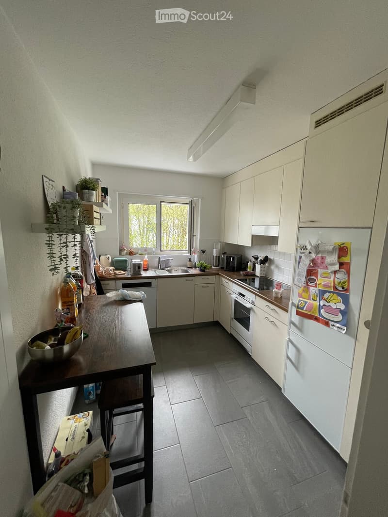 The kitchen features white cabinets, a wooden table with a bowl of fruit, a refrigerator with magnets, and various appliances including an oven and a sink.