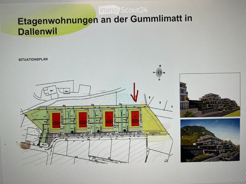 Floor plan of multi-story residential buildings at Gummimatt in Dallenwil, showing layout, building footprints, and surrounding area.