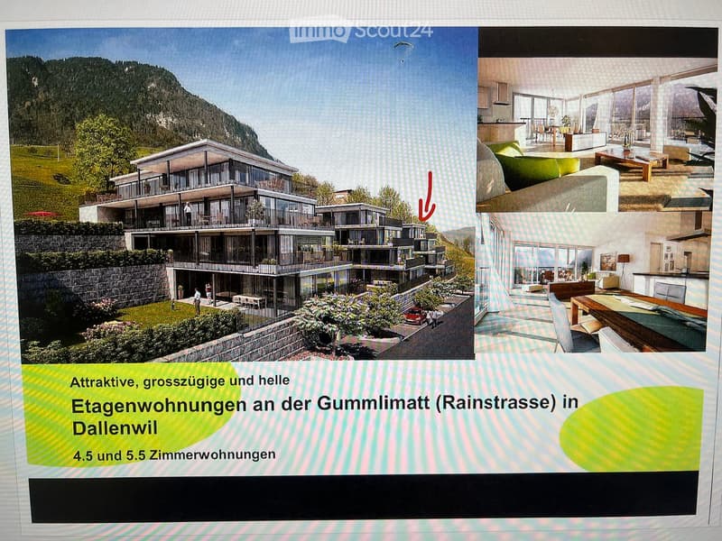 Modern multi-story residential building with balconies, surrounded by greenery and a scenic mountain backdrop. Interiors show spacious living areas with large windows, modern furniture, and a dining area.