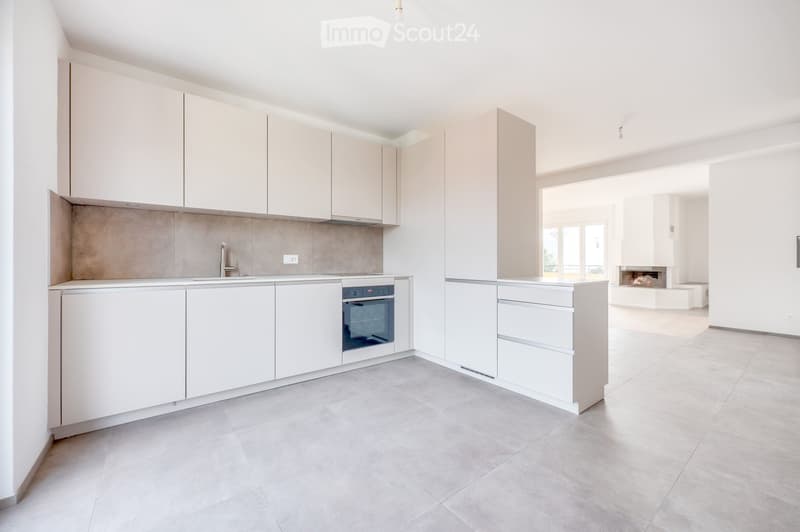 Modern kitchen with white cabinets, a built-in oven, and a sleek faucet, featuring a clean and minimalist design.