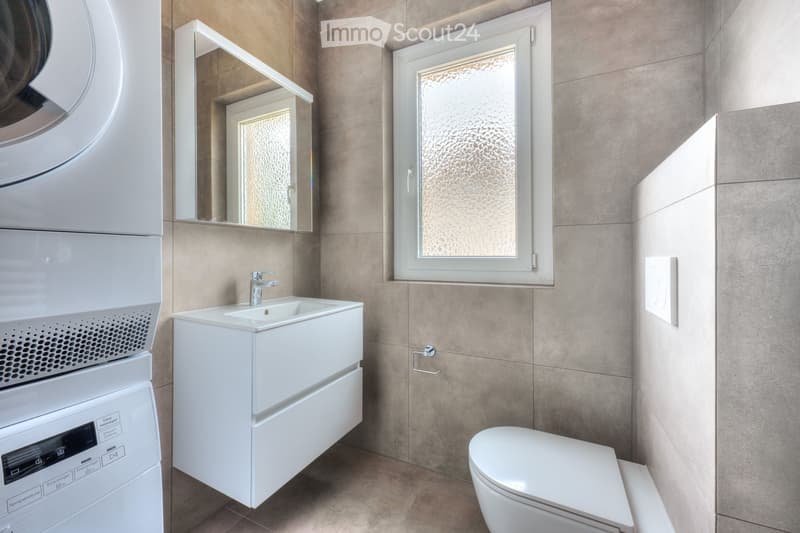 Modern bathroom with a white sink, chrome faucet, toilet, mirror, and a washing machine in the corner.