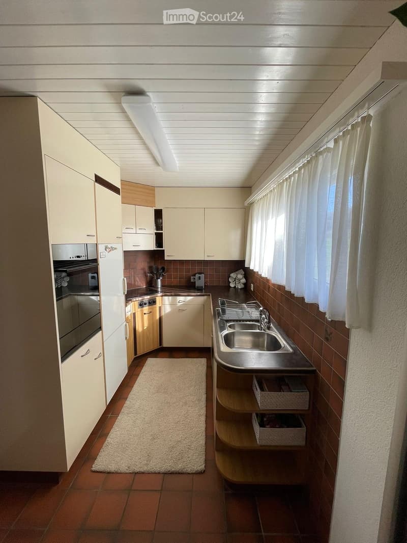 Modern kitchen with white cabinets, stainless steel sink, oven, and dishwasher. Brown tiled backsplash and floor, with a small white rug in the center.