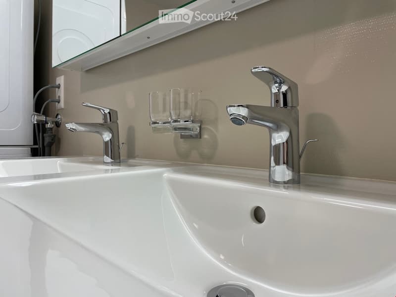 Modern bathroom with a double sink, sleek chrome faucets, and a mirrored cabinet above.