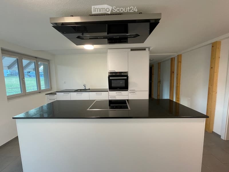 Modern kitchen with white cabinets, black countertop, induction cooktop, built-in oven, and sink.