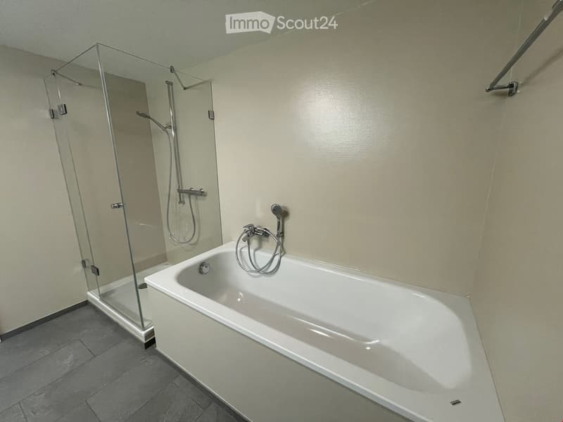 Modern bathroom with a white bathtub, glass-enclosed shower, and tiled floor.