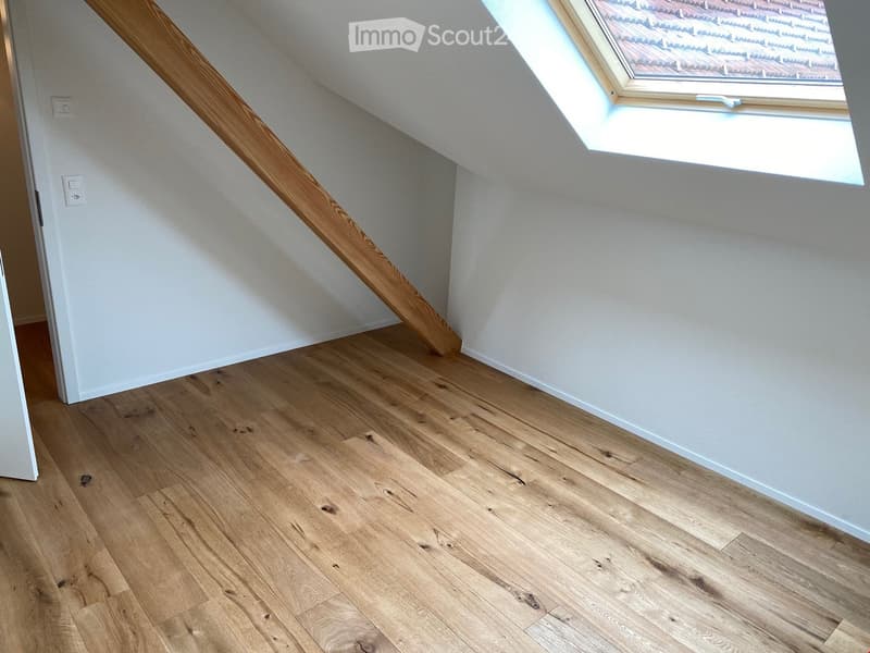 Empty attic space with wooden flooring, white walls, and a skylight window at the far end.