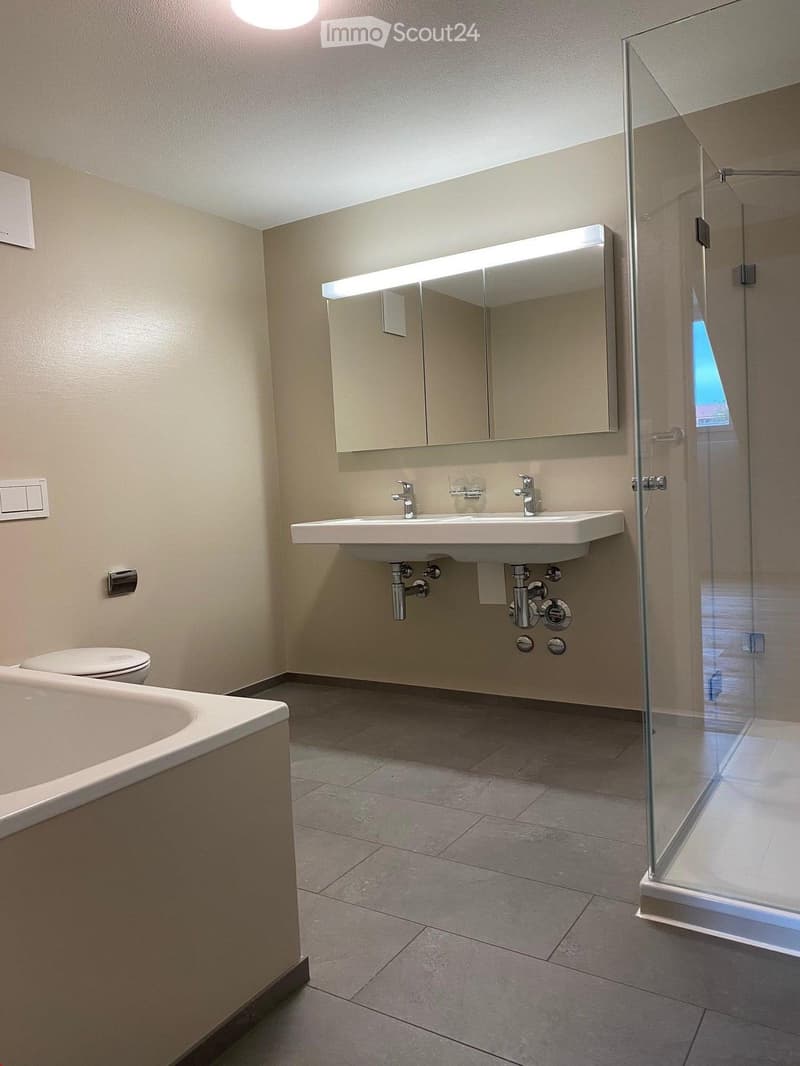 Modern bathroom with a bathtub, toilet, sink, and a large mirror with built-in lighting. Features a glass-enclosed shower area.