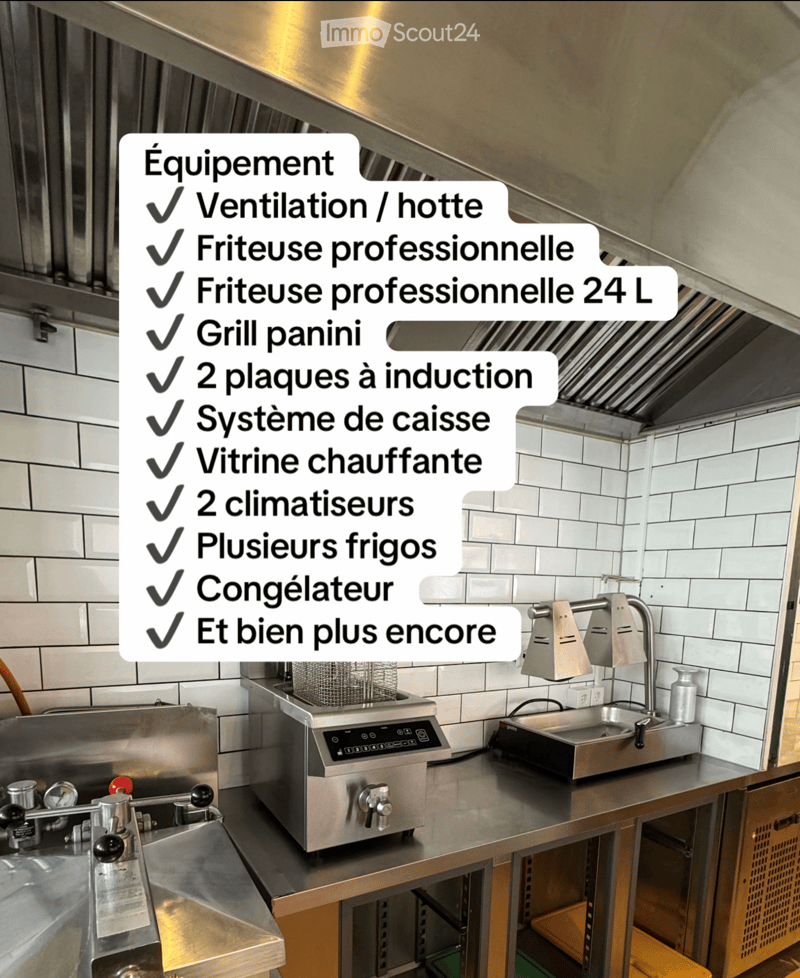 Commercial kitchen with stainless steel surfaces, fryer, induction cooktops, multiple fridges, freezer, sink, and lighting.