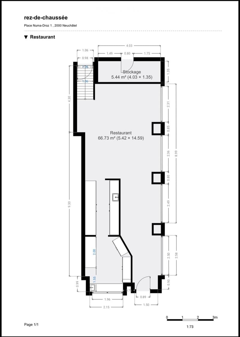 Ground floor floor plan showing a restaurant area and a storage area with dimensions labeled in meters.