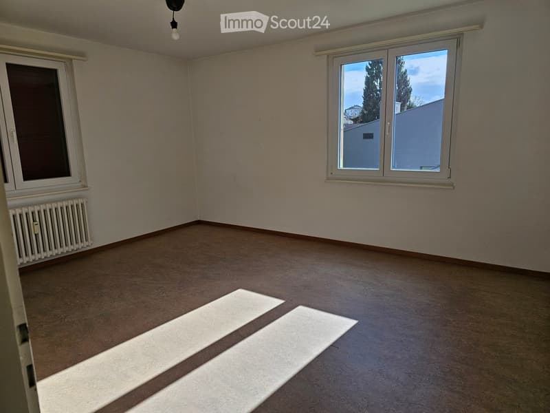 Empty room with beige walls, carpeted floor, two windows, radiator, and a hanging light fixture.