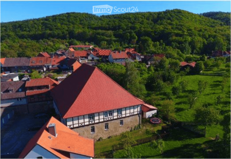Aerial view of a rural village with traditional houses, red-tiled roofs, and surrounding greenery.