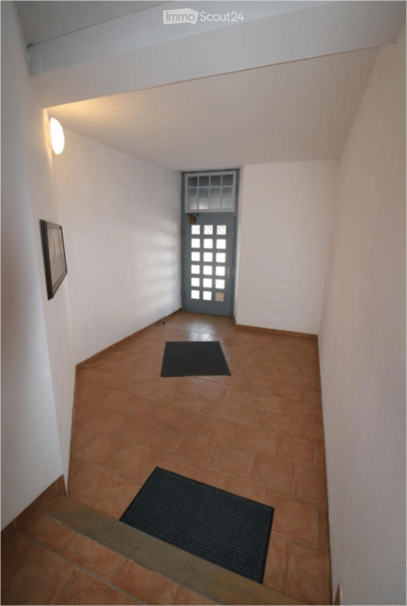 A narrow hallway with tiled flooring, white walls, and a single door at the end. There are two small black doormats placed near the entrance and a framed picture on the left wall.