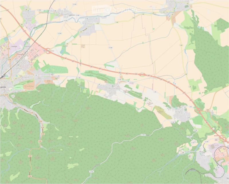 A detailed map showing a region with roads, water bodies, and labeled locations. The map includes various roads, green areas, and urban and rural zones.