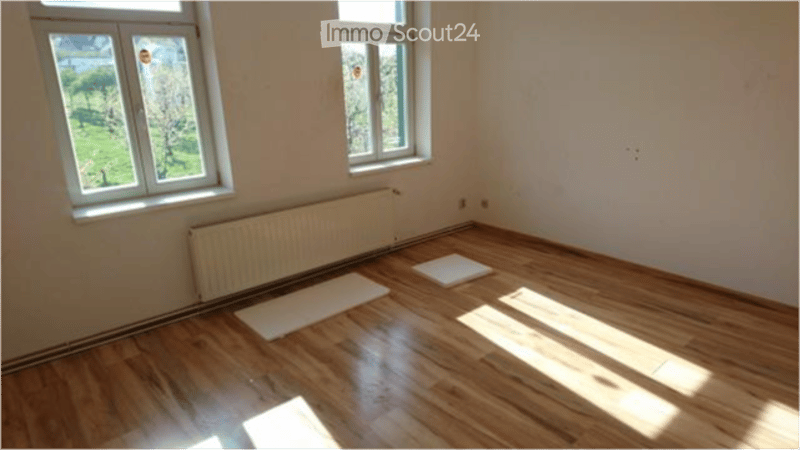 Empty room with wooden flooring, white walls, two windows, radiator, and a few white mats on the floor.