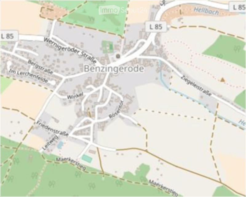 A map showing the layout of Benzigerode, including roads, landmarks, and surrounding areas.