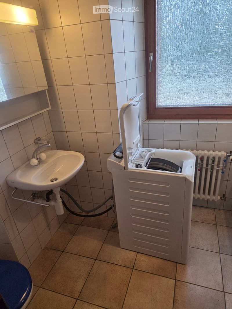 Bathroom. Bathroom with a sink, faucet, radiator, and a compact washing machine unit. The room features tiled walls and floor, with a window providing natural light.