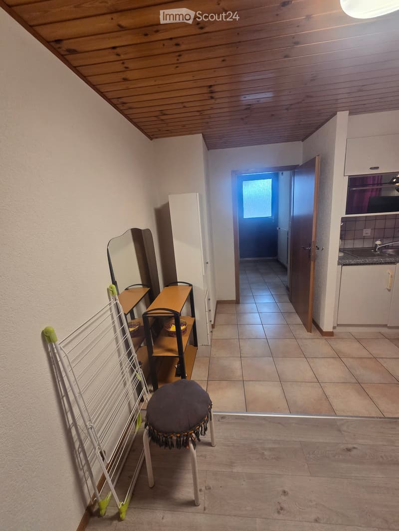 Furnished Room. A narrow hallway with tiled flooring, a small stool, a laundry rack, a small table, and a mirror. A doorway leads to another room with a visible kitchen area.