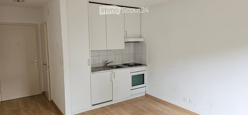 Modern kitchen with white cabinets, a sink, a stove, and an oven. The floor is wooden, and the walls are white.