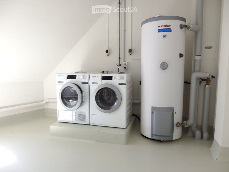 A clean, modern utility room with a washing machine, dishwasher, and water heater, all neatly arranged on a raised platform.