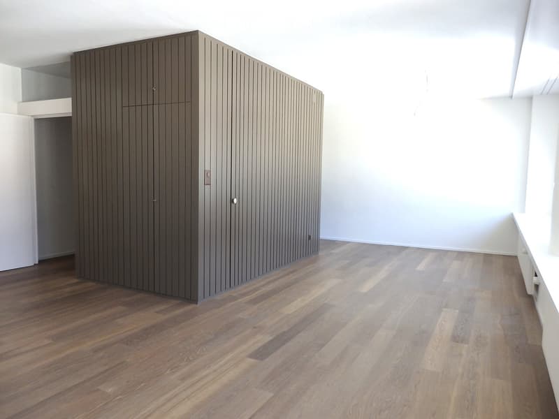 Empty room with wooden flooring, white walls, and a large built-in wardrobe unit.