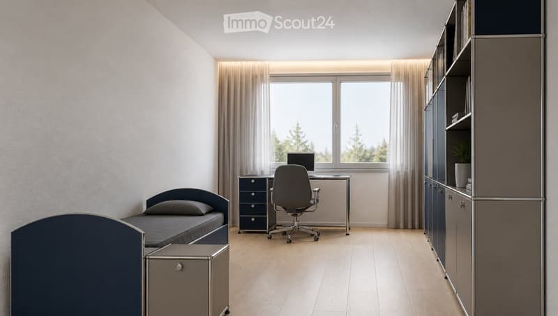 Furnished Room. A room with a bed, desk, chair, and storage drawers. The bed has a pillow, and the desk has a monitor. There is a plant on the shelf.