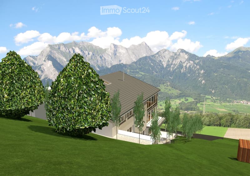 3-story modern house with a brown roof, surrounded by lush green trees and a grassy lawn. The house overlooks a scenic mountain landscape with snow-capped peaks in the background.