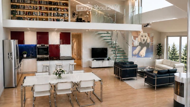 Furnished Room. Modern open-plan living and dining area with hardwood floors, a dining table, and chairs. The kitchen has a refrigerator, stove, and oven. A living area with a couch, coffee table, and a television. A balcony with a bookshelf and stairs.