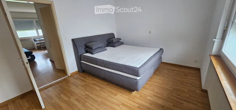 Modern bedroom with a grey upholstered bed, multiple pillows, wooden flooring, and a radiator near the window.