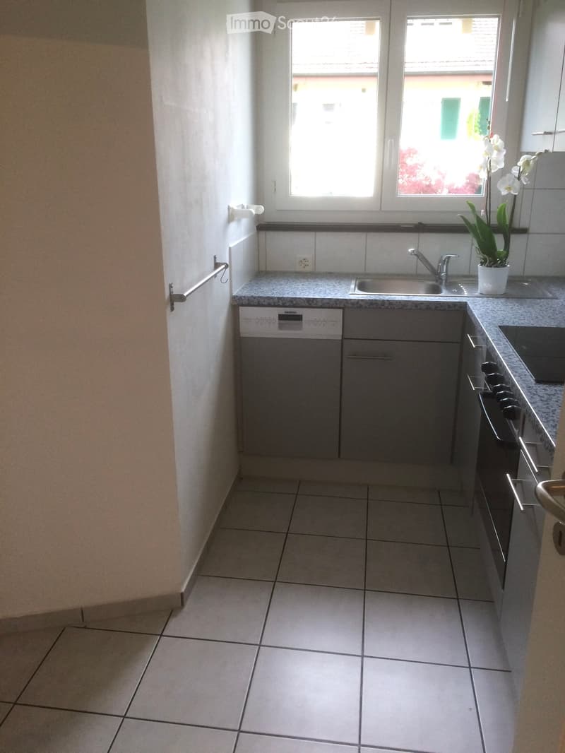 Modern kitchen with tiled floor, granite countertops, stainless steel sink, dishwasher, stove, and a potted orchid on the counter.