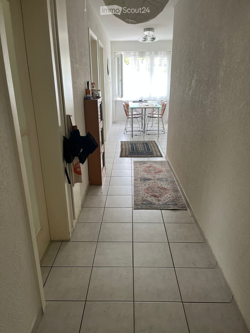 A long, narrow hallway with tiled flooring, light-colored walls, and a ceiling light fixture. The hallway leads to a small dining area with a table, chairs, and rugs.