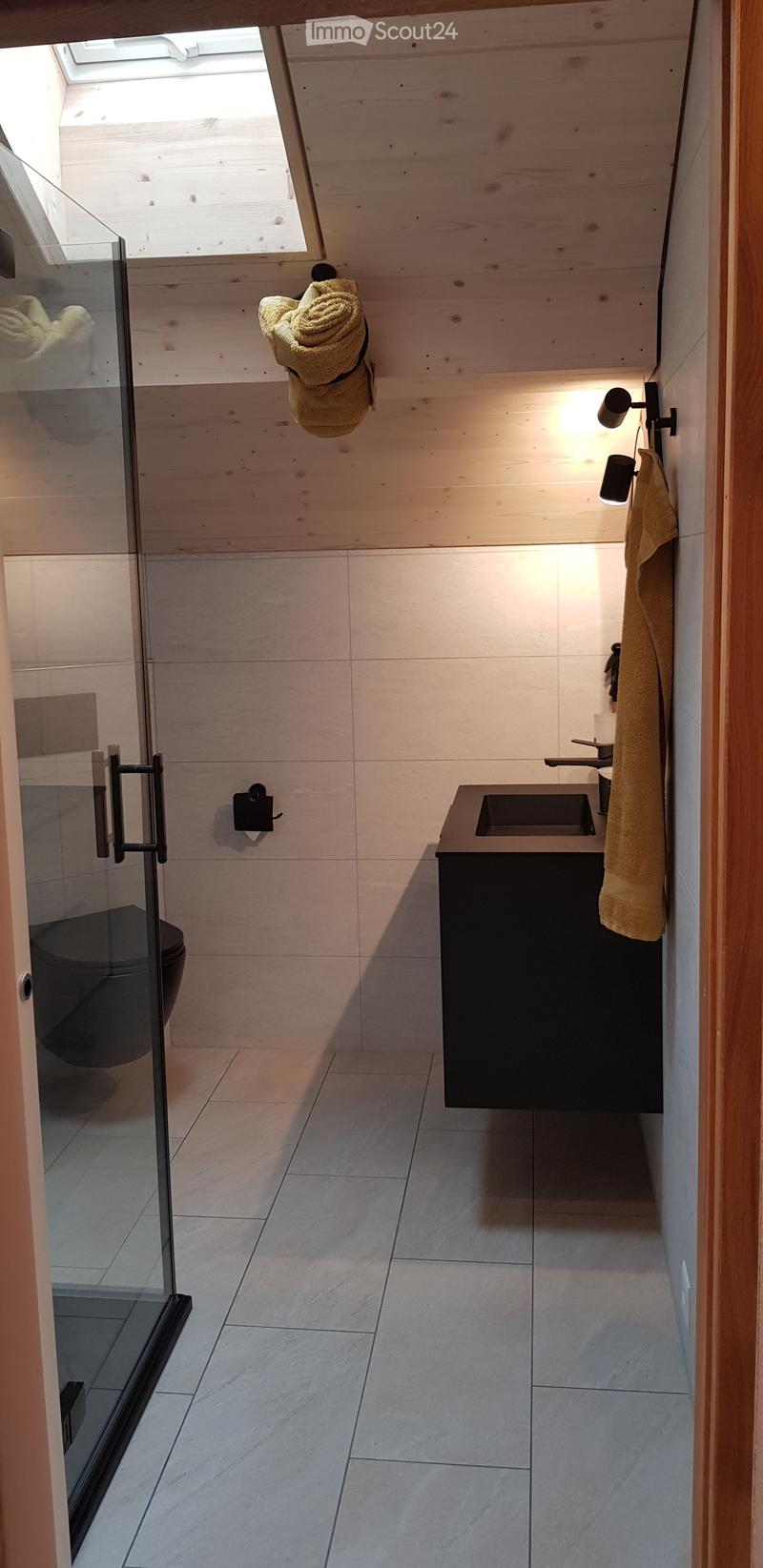 Modern bathroom with light wood paneling, a black sink, a toilet, and a towel hanging on the wall. The room features a glass shower enclosure and a skylight above.
