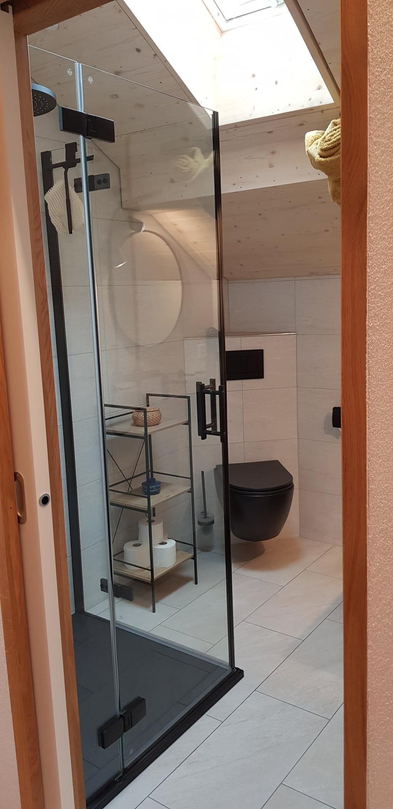 Modern bathroom with a glass-enclosed shower, toilet, and a small shelf holding toilet paper and a decorative item.