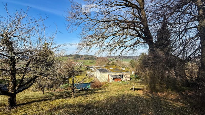 A rural outdoor scene with a small building, trees, and a bench in a grassy area.