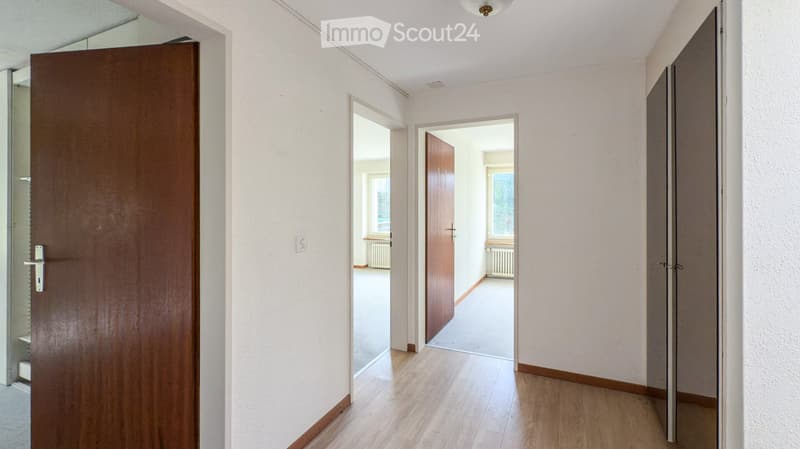 Empty hallway with wooden doors, light-colored walls, and wooden flooring. Two doors lead to adjacent rooms, one with visible windows and radiators.