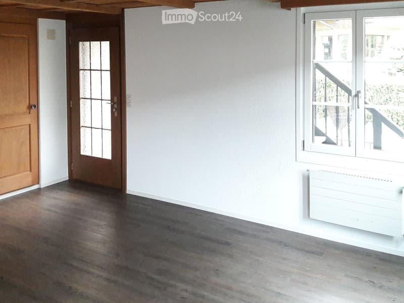 Unfurnished Room. Empty room with wooden floor, white walls, and two doors, one with glass panels. Natural light from a window on the right side.
