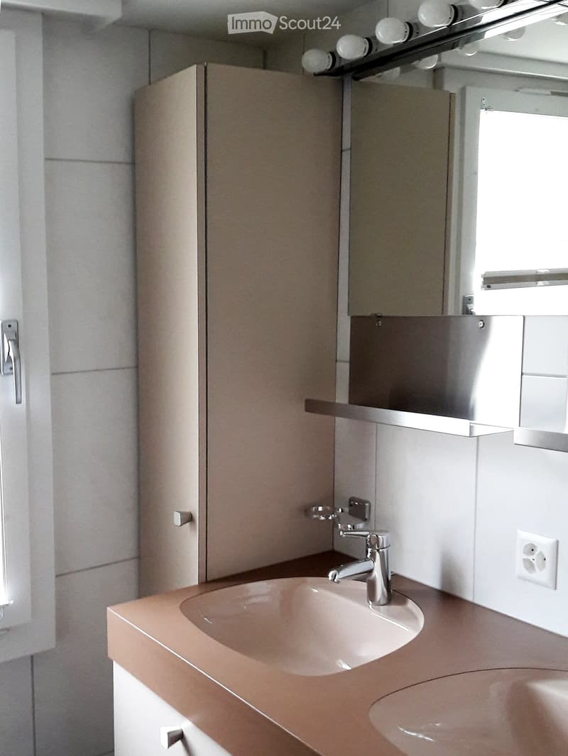 Bathroom. Modern bathroom with a double sink, sleek faucet, mirrored cabinet, and built-in storage.