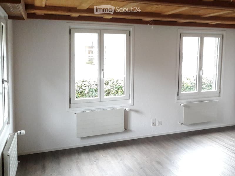 Unfurnished Room. Empty room with light grey walls, wooden floor, and multiple windows with white frames. Radiators are visible under the windows.