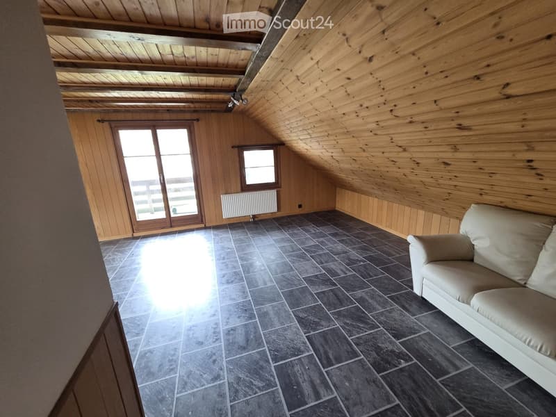 Loft-style room with wooden walls and ceiling, dark tiled floor, large window, and a single sofa.